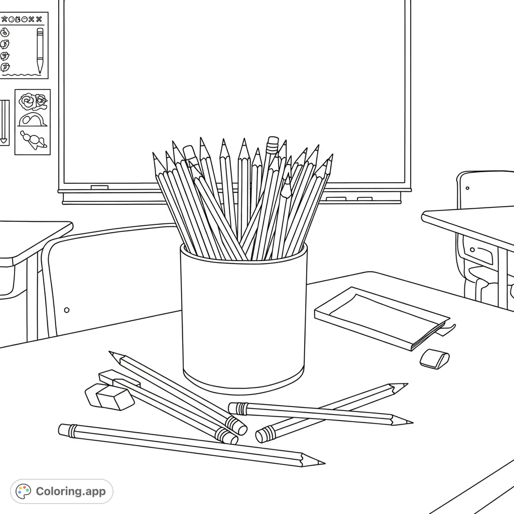 Explore a detailed classroom scene featuring many pencils scattered and organized on a desk. A perfect free printable coloring page for school enthusiasts.