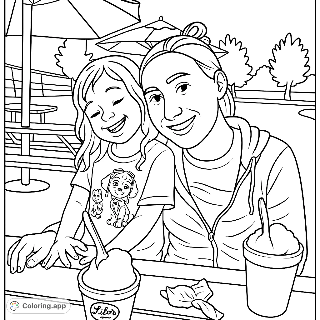 A heartwarming scene of an adult and child enjoying shaved ice at an outdoor table. Perfect for a fun, simple coloring activity.