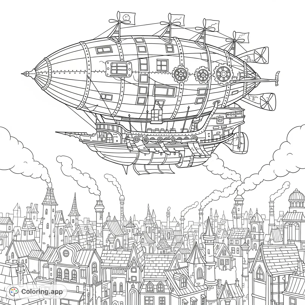 Soar above a detailed Victorian city with a magnificent steampunk airship, featuring intricate gears, ornate panels, and a sprawling urban landscape.