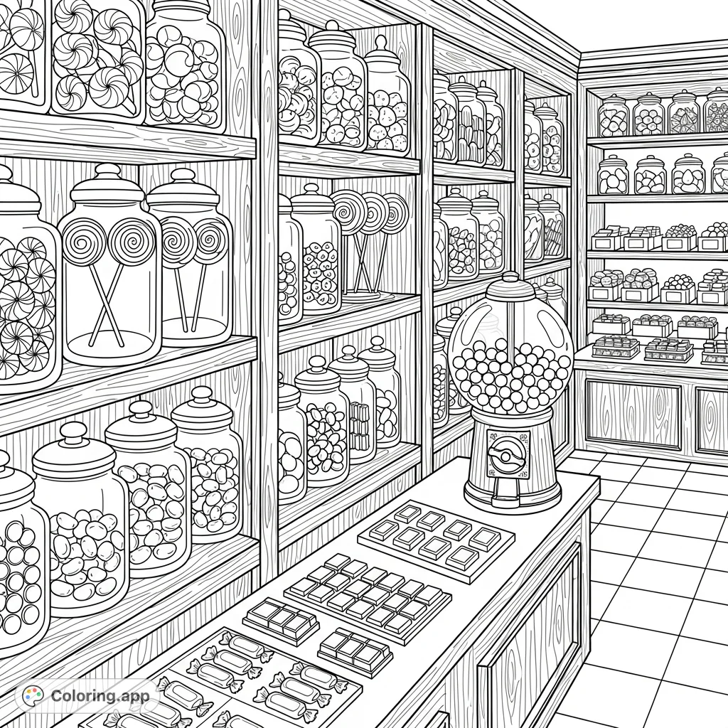 Step into a charming, old-fashioned candy shop! Explore shelves brimming with glass jars of peppermints, lollipops, and jelly beans, plus a vintage gumball machine.