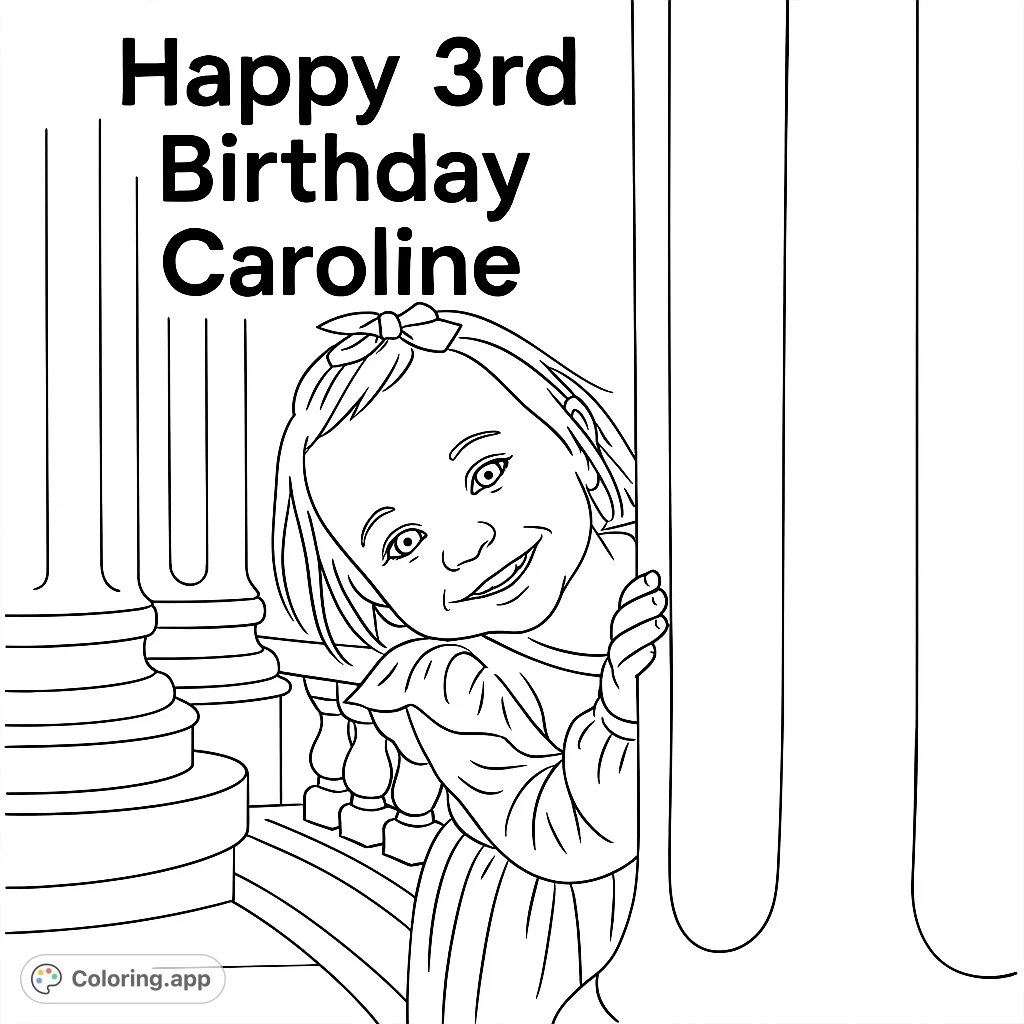 A delightful coloring page featuring a happy child peeking from behind a column, ready for creative expression. Perfect for young artists to personalize.