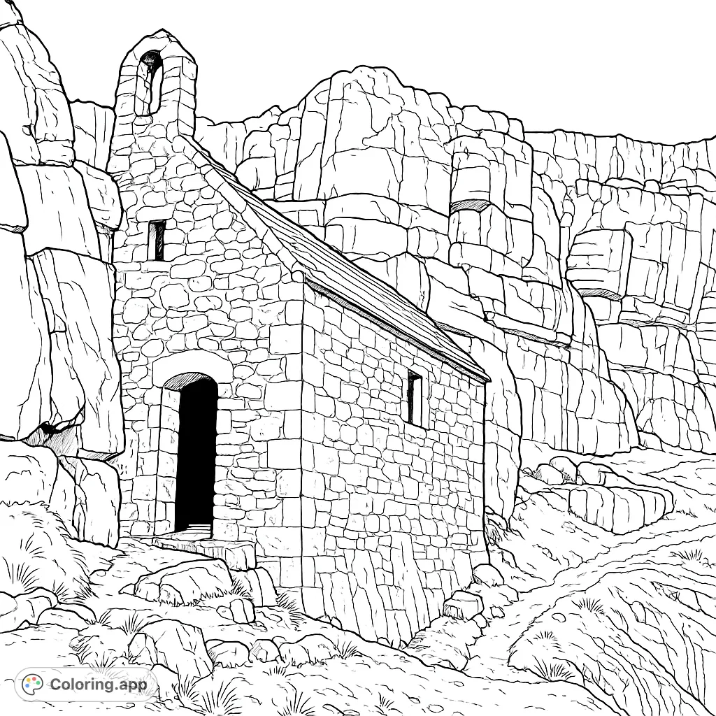 Explore an ancient stone building nestled against a dramatic cliff face, featuring intricate rock textures and a winding path. A captivating architectural and nature scene.