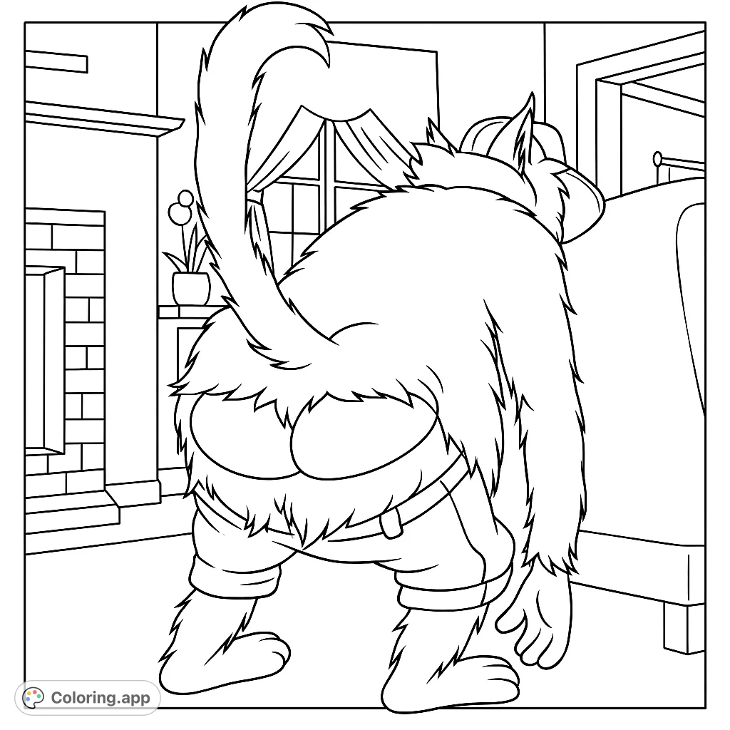 Color this whimsical character caught in a playful, slightly cheeky moment in a detailed living room setting. Perfect for a humorous coloring experience.