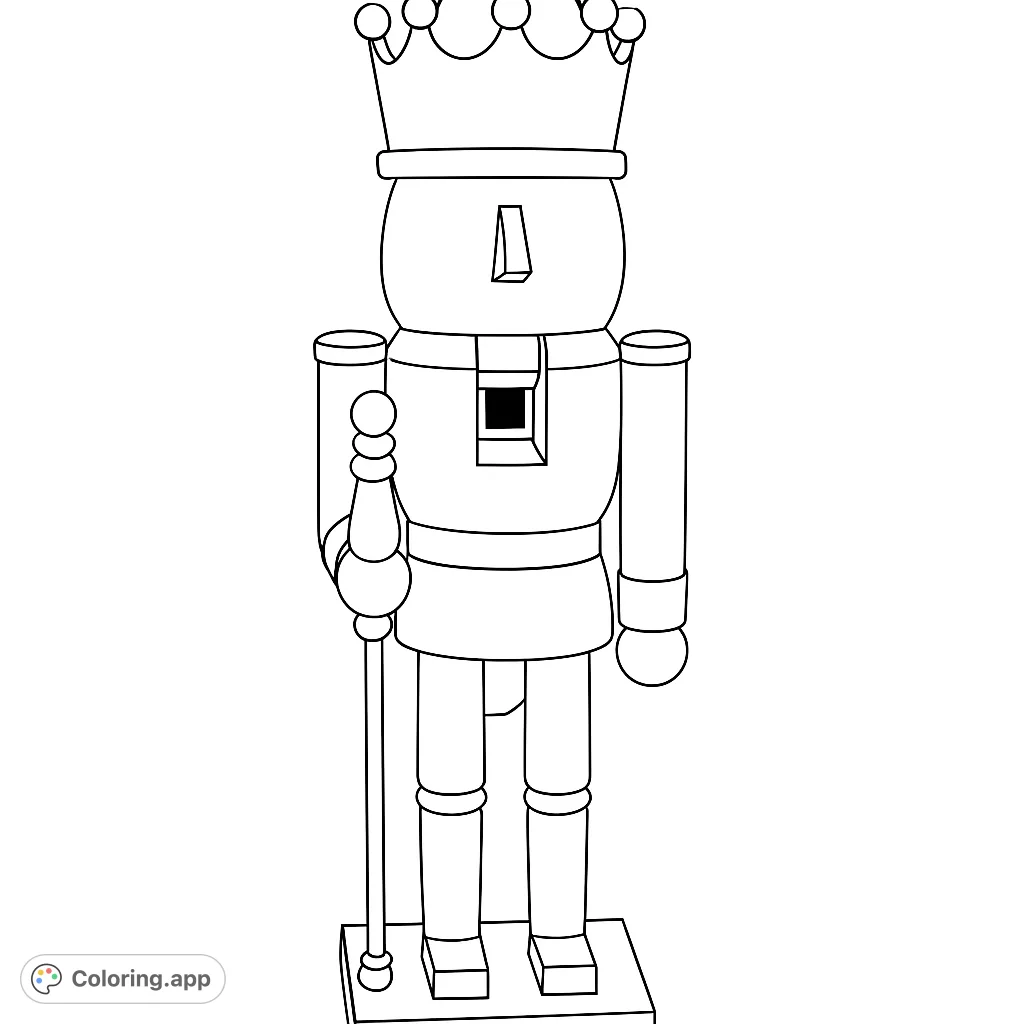 Color a classic nutcracker king figure, complete with a majestic crown and staff. Perfect for holiday cheer and creative expression.