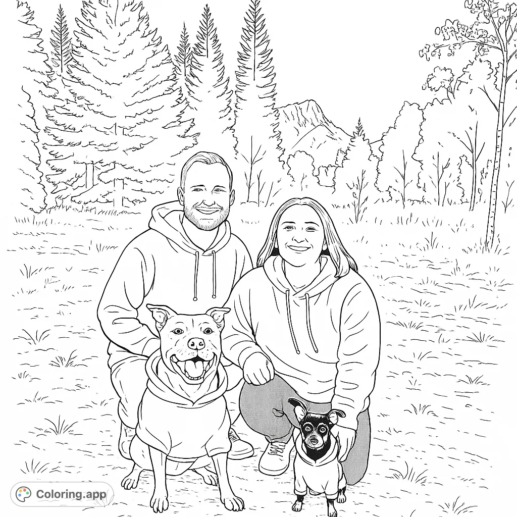 Capture a heartwarming outdoor scene with a couple and their two dogs, all wearing matching outfits, set against a scenic mountain and forest backdrop.