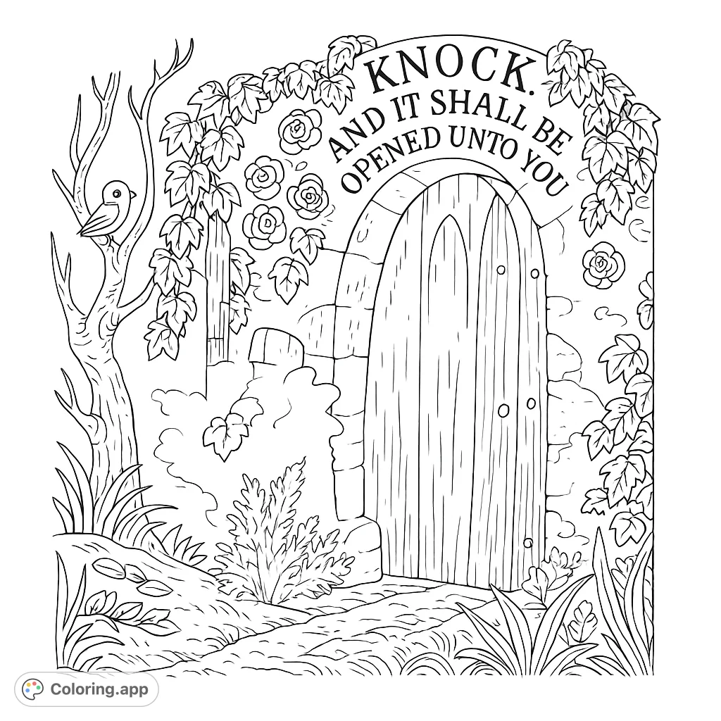 Discover a magical forest archway with an inviting door, adorned with vines and a hopeful inscription. A charming scene for creative coloring.