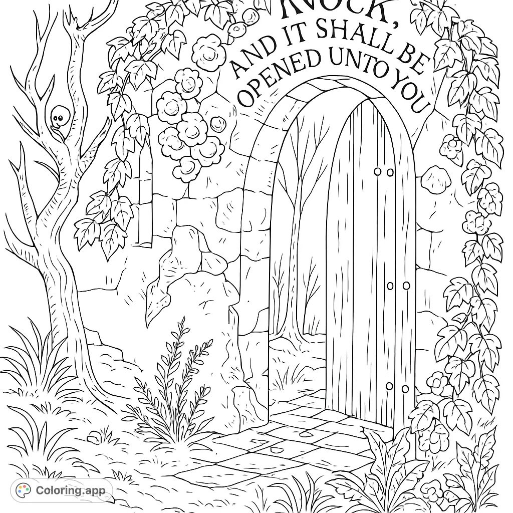Discover a mysterious, weathered stone archway with a partially open wooden door, inviting you into a hidden world. Features intricate foliage and a perched bird.