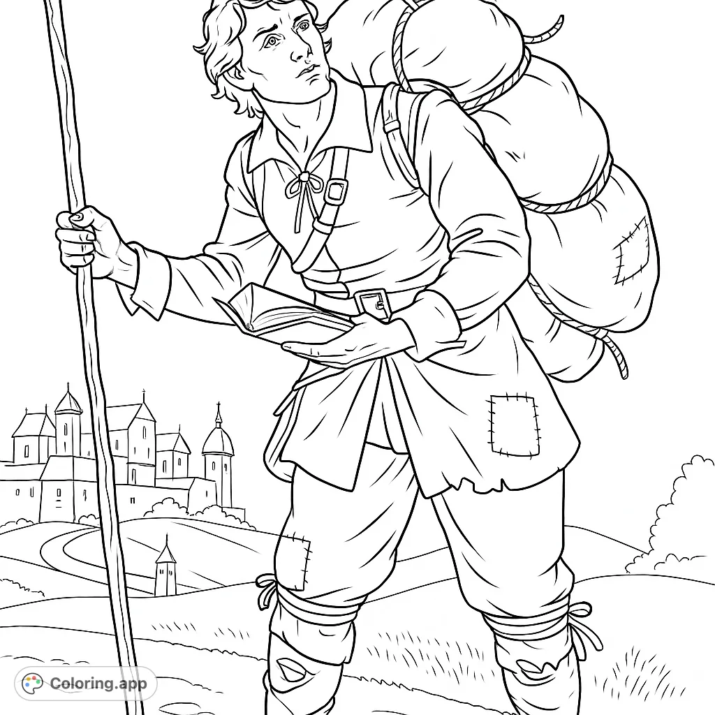 Embark on an adventure with this pilgrim traveler, staff in hand and book open, gazing towards a distant castle. A journey of discovery awaits your creative touch.