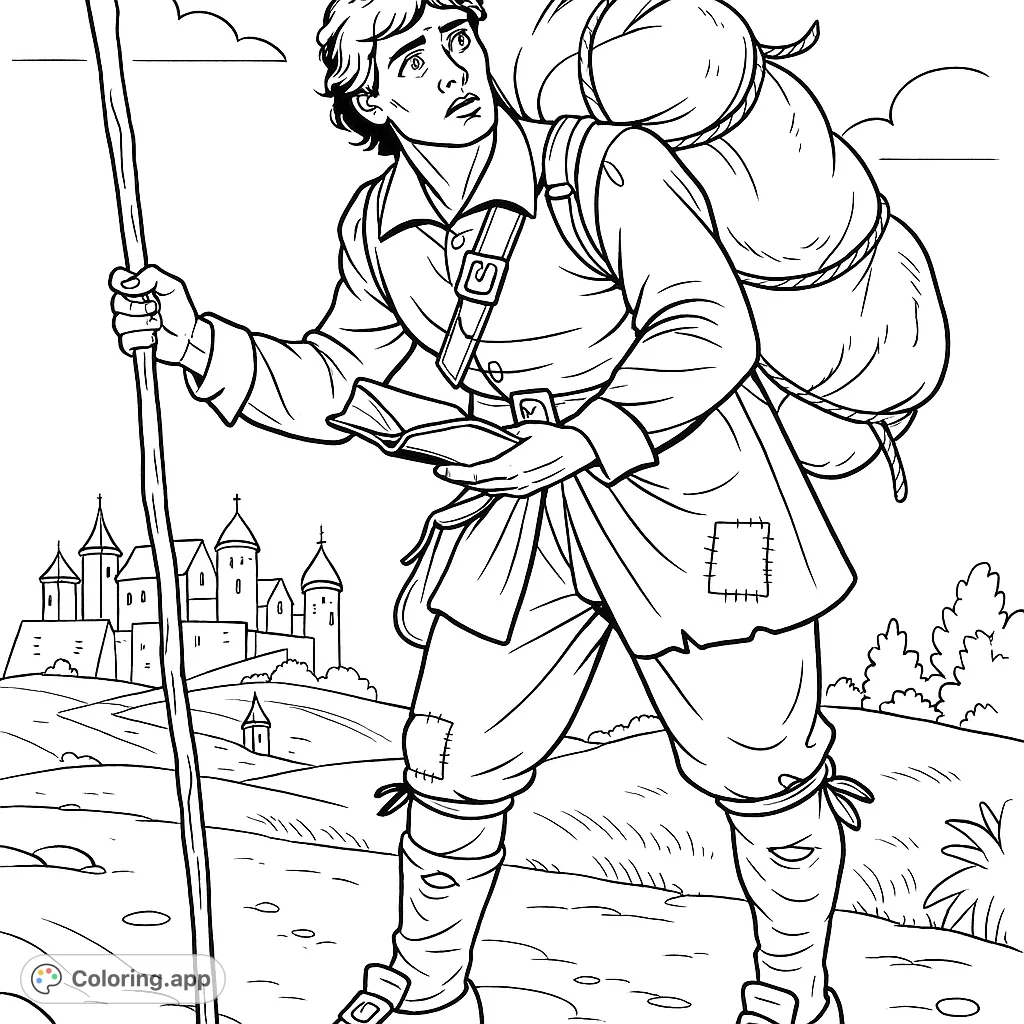 Embark on an adventure with this pilgrim traveler, carrying a heavy pack and a book, on a path leading to a distant castle. A journey of discovery awaits your colors.