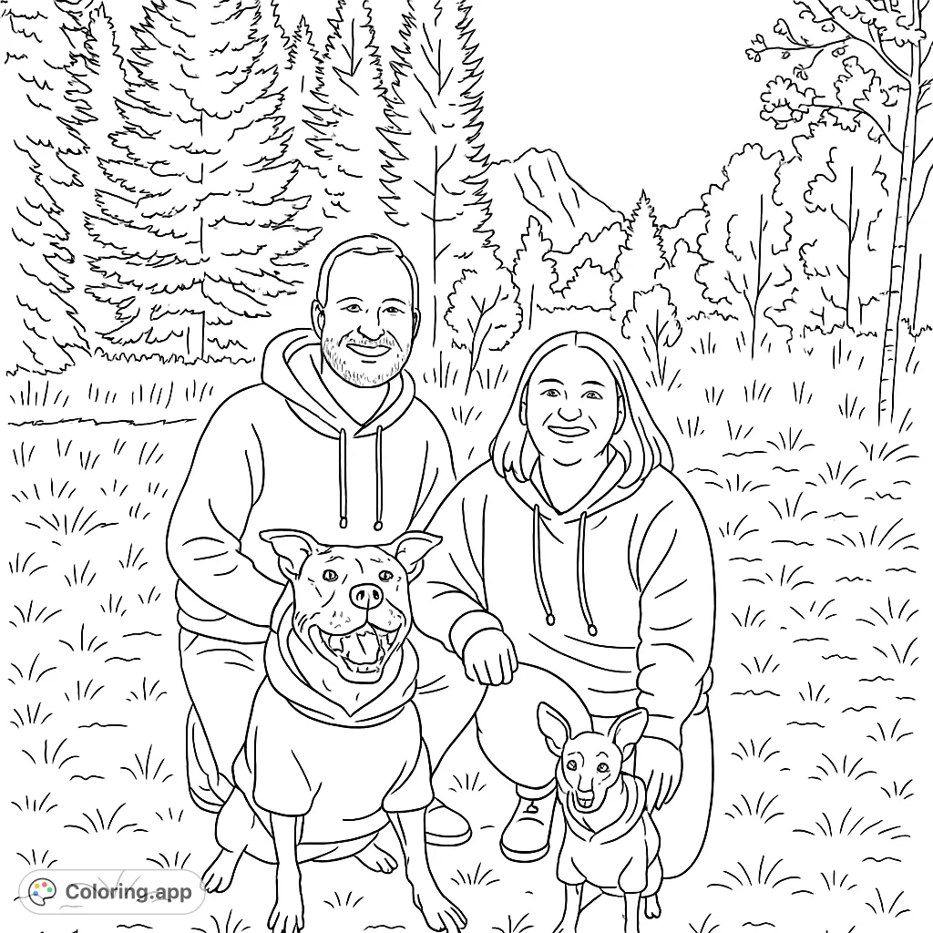 A heartwarming family portrait featuring a couple and their two dogs in matching outfits, set against a scenic mountain and forest backdrop.