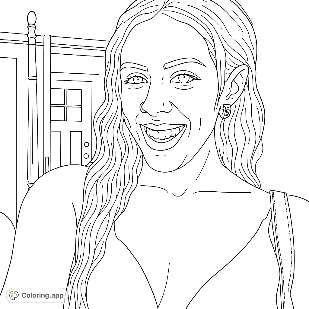 Capture the radiant smile of a woman in this detailed portrait coloring page. Perfect for practicing skin tones, hair textures, and expressive features.