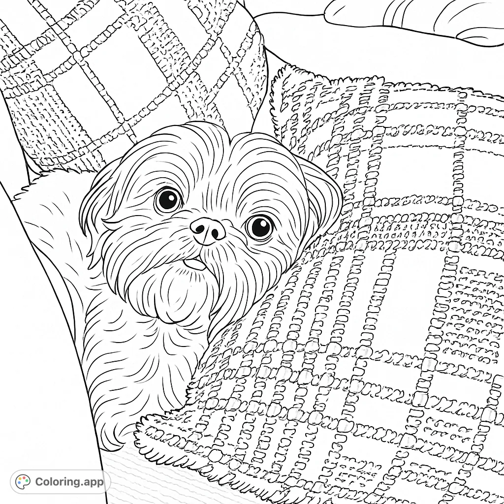 Snuggle up with this adorable fluffy dog nestled among textured plaid pillows on a cozy couch. A delightful scene for animal lovers to color!