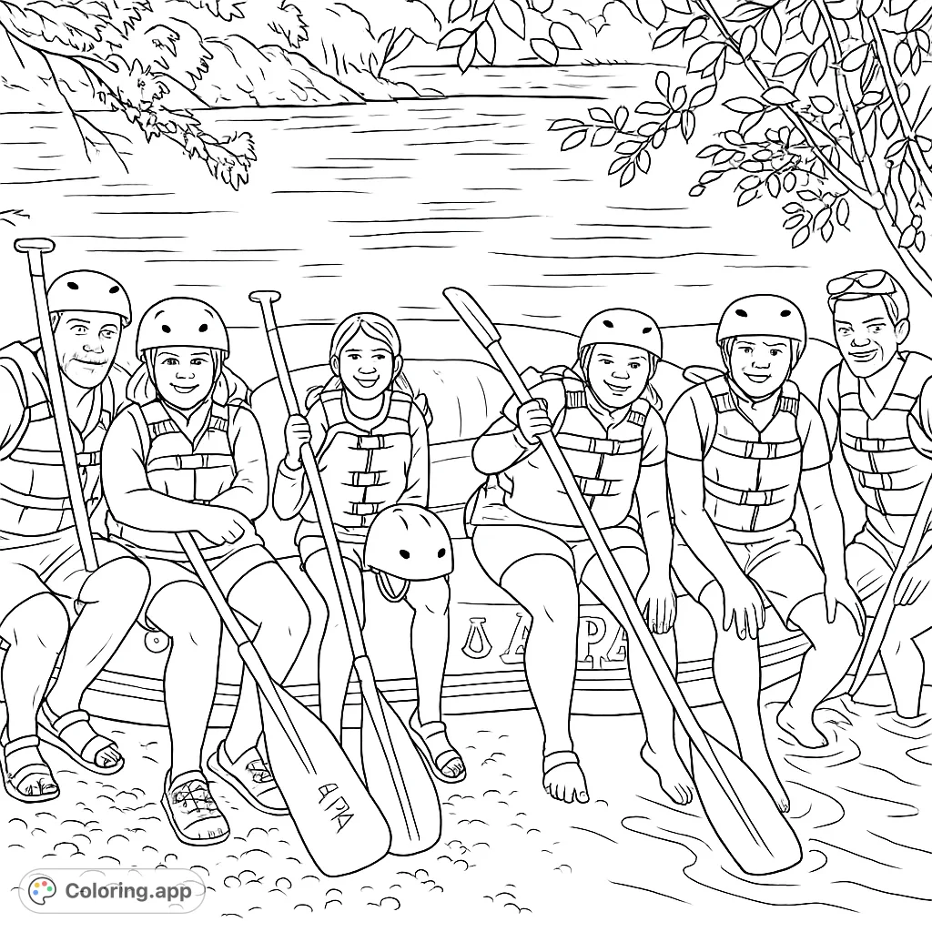 A joyful family rafting adventure scene, perfect for all ages. Features a group ready for river fun with paddles and safety gear.