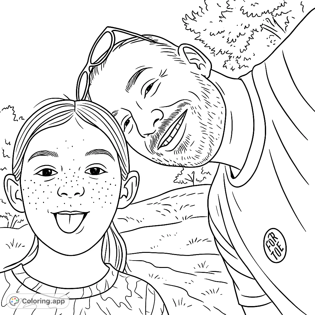 A joyful father and daughter selfie outdoors, featuring playful expressions and a scenic hillside background, perfect for a fun coloring activity.