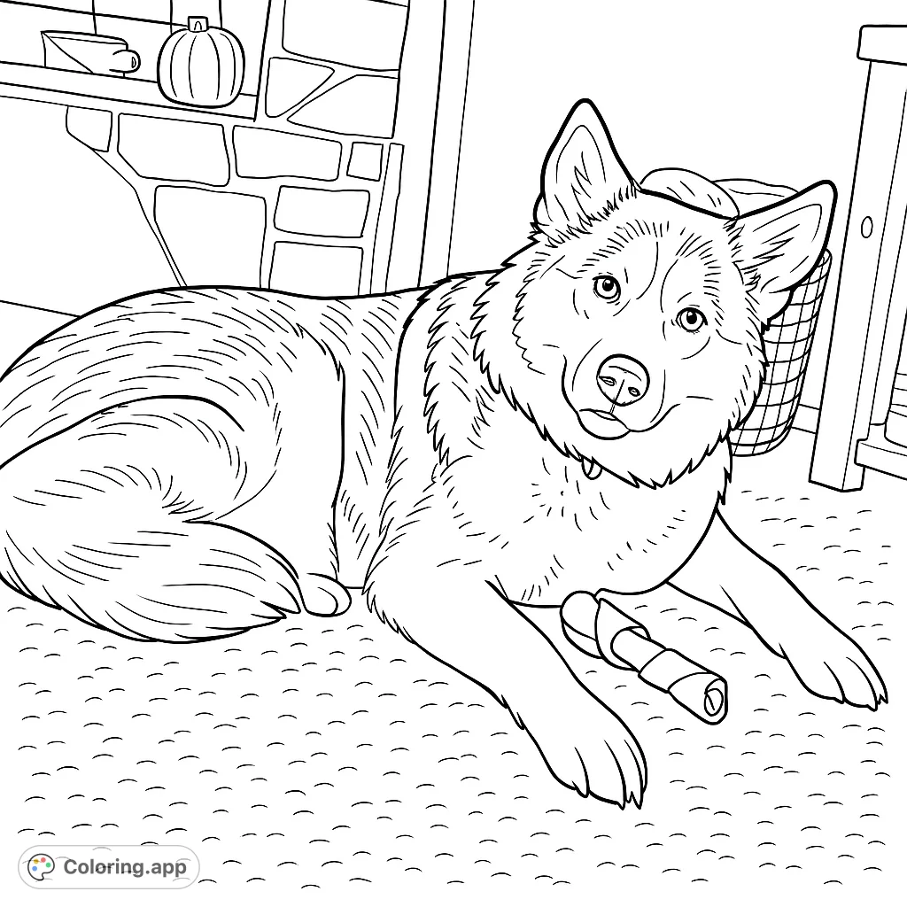 A majestic husky dog relaxing on a cozy carpet with its favorite chew toy, perfect for pet lovers to color and enjoy.
