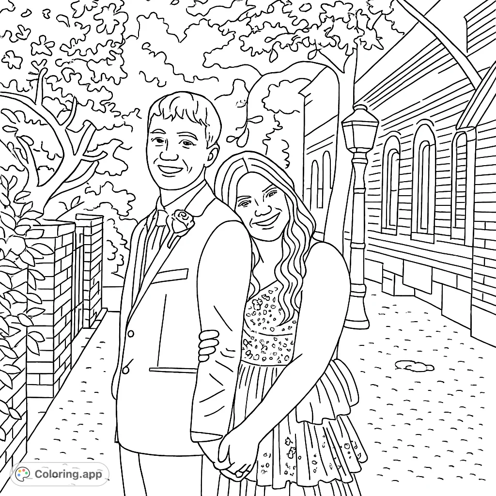 Capture a moment of elegance with this prom night embrace coloring page. Features a formally dressed couple, intricate details, and a charming outdoor setting.