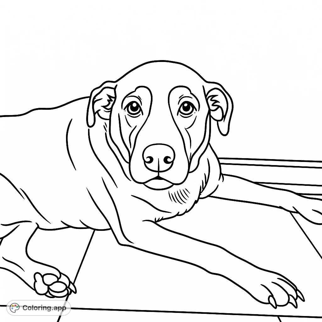 A heartwarming dog coloring page featuring a relaxed canine companion resting on a tiled floor. Perfect for animal lovers to bring to life with their favorite colors.