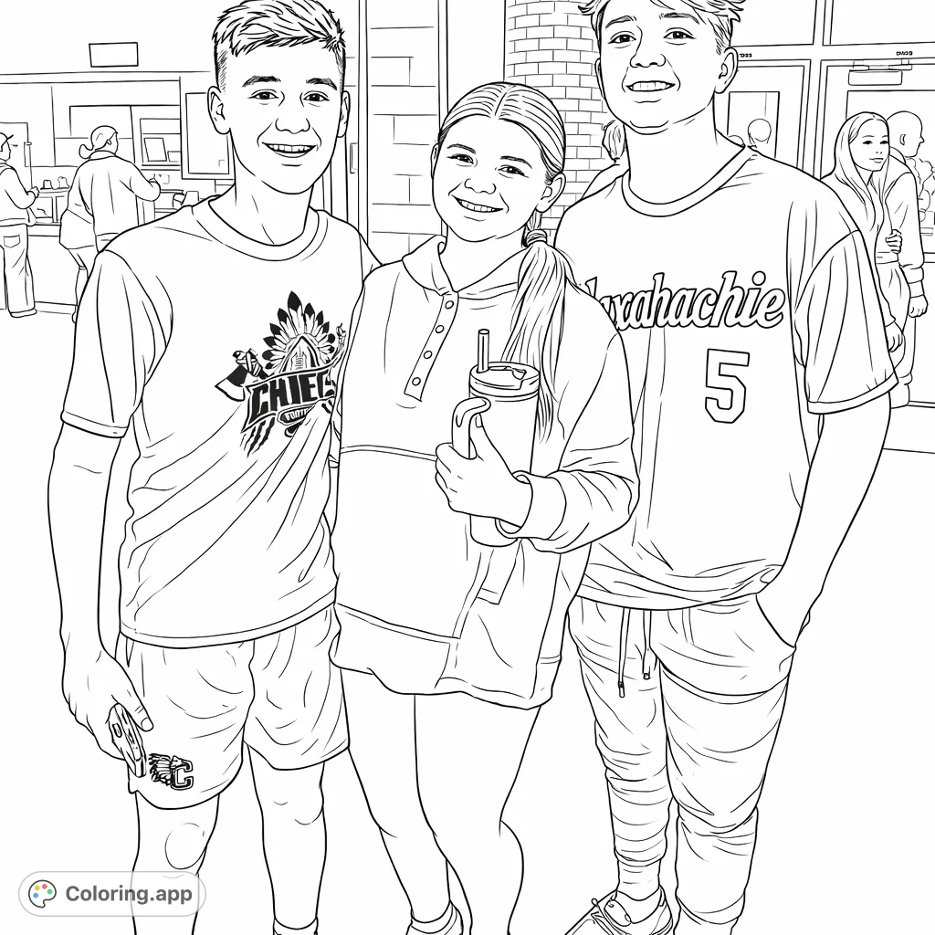 A dynamic school friends coloring page featuring three smiling teens. Perfect for celebrating friendship, school spirit, and team pride.