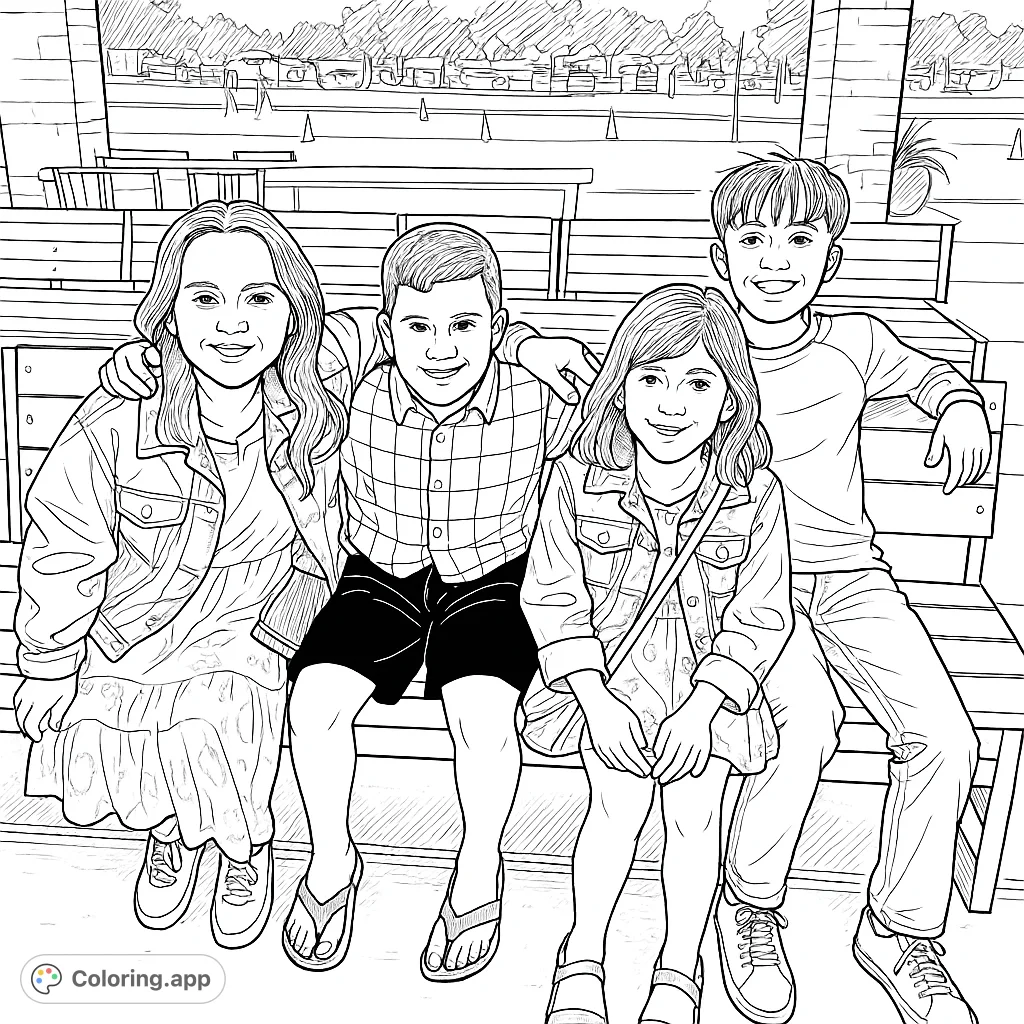 A heartwarming scene of four smiling children sitting together on a bench, perfect for a family and friends coloring page.