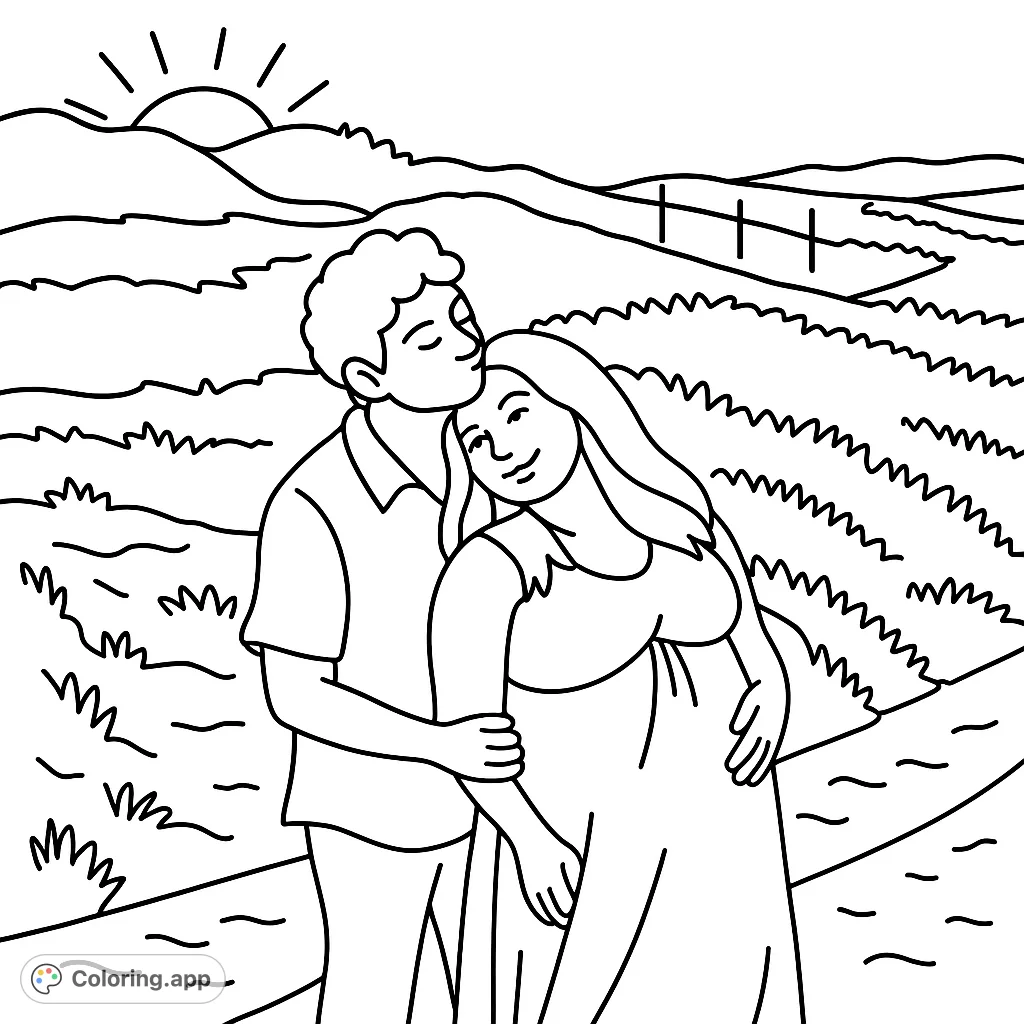 Capture a tender moment between a couple on sandy hills. This romantic coloring page offers a serene scene for relaxation and creative expression.