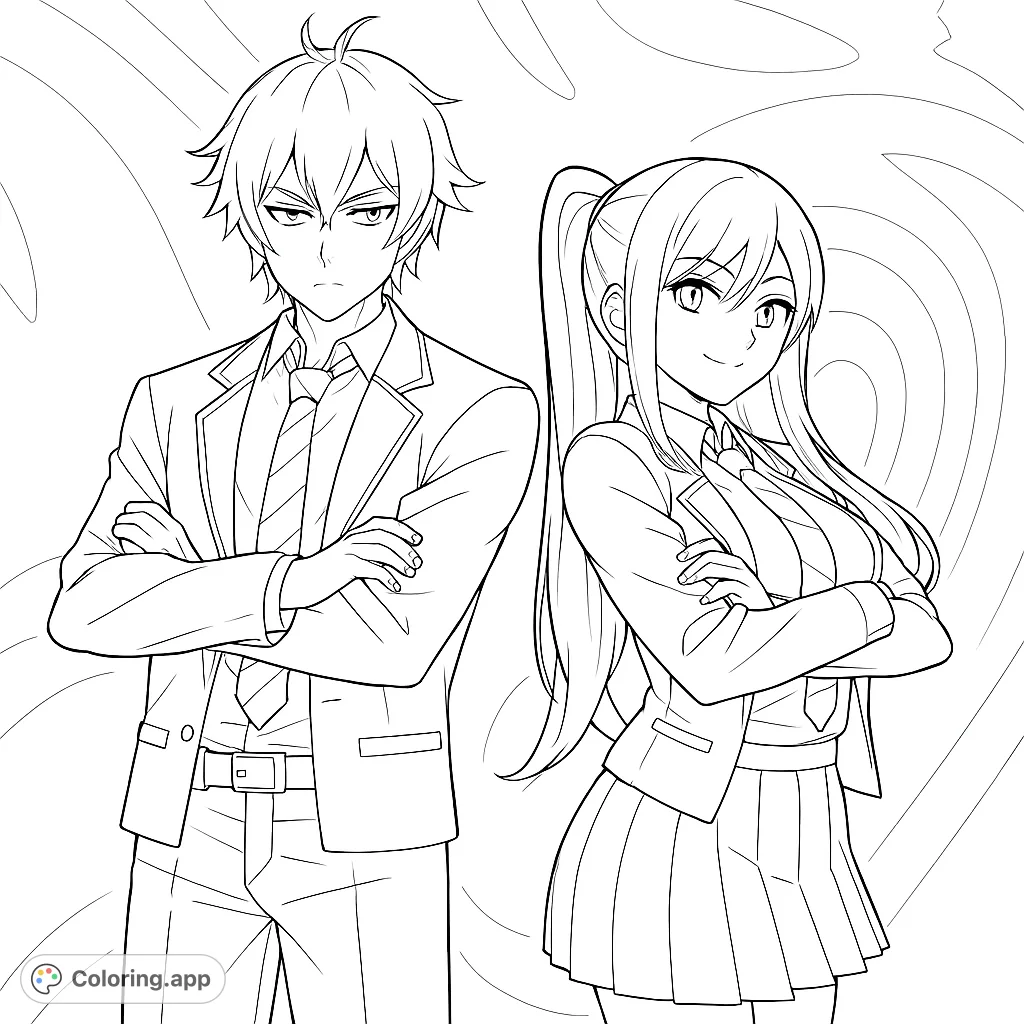 Color this anime-style duo in school uniforms, arms crossed, against a swirling background. Perfect for fans of character design and school themes.