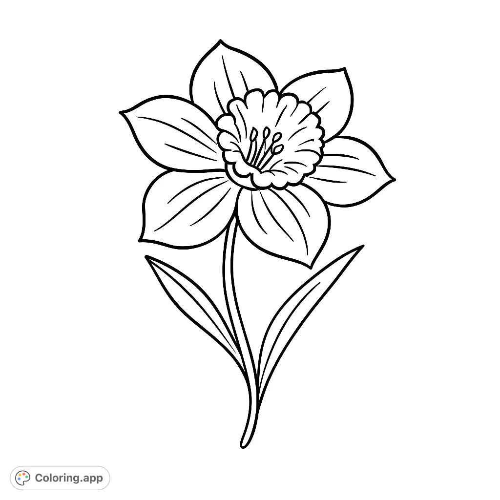 A beautiful daffodil flower with detailed petals and a central corona, perfect for a relaxing coloring experience. Free printable daffodil coloring page.