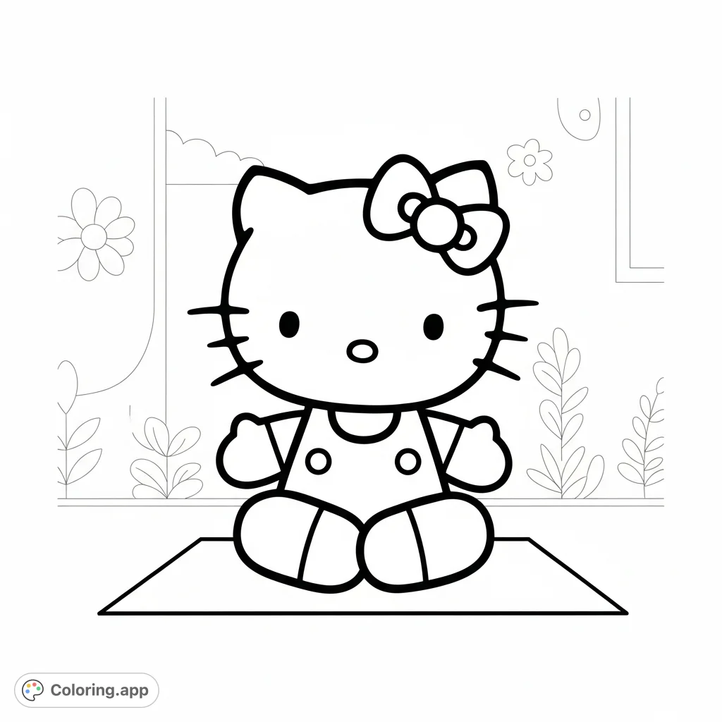 A charming Hello Kitty coloring page featuring the beloved character in a peaceful yoga pose, perfect for relaxation and creative expression.