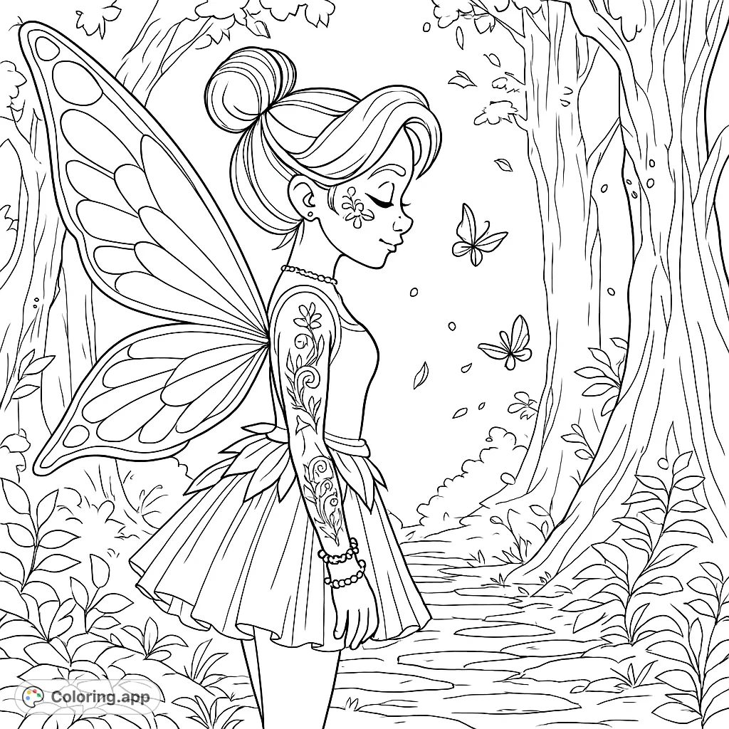 Discover a magical fairy in an enchanted forest, adorned with intricate patterns and delicate wings, surrounded by fluttering butterflies and luminous elements.