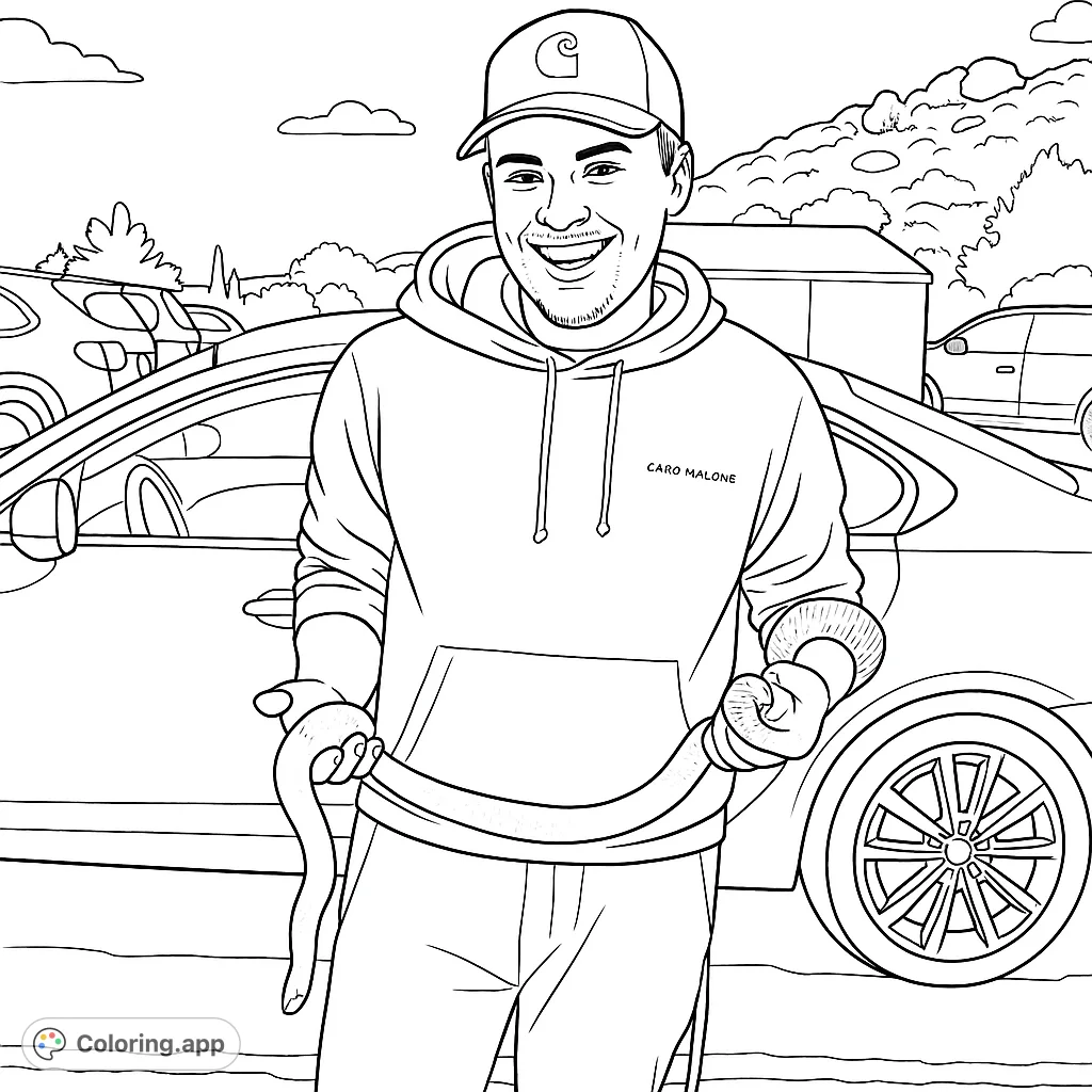 A cheerful young man proudly displays his pet snake, coiled around his hands, set against a backdrop of a car and distant hills. A unique animal encounter coloring page.