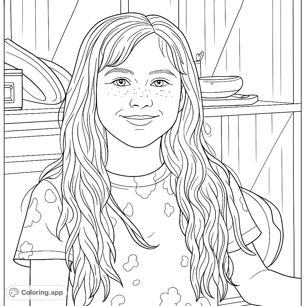 A delightful coloring page featuring a smiling young girl with long, wavy hair and a patterned shirt, set against a detailed shelving unit background.
