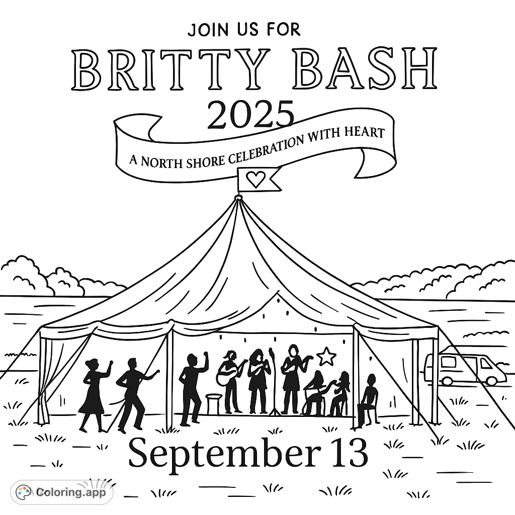 Capture the joy of an outdoor music festival with a grand tent, lively band, and dancing figures. A perfect celebration scene to color.