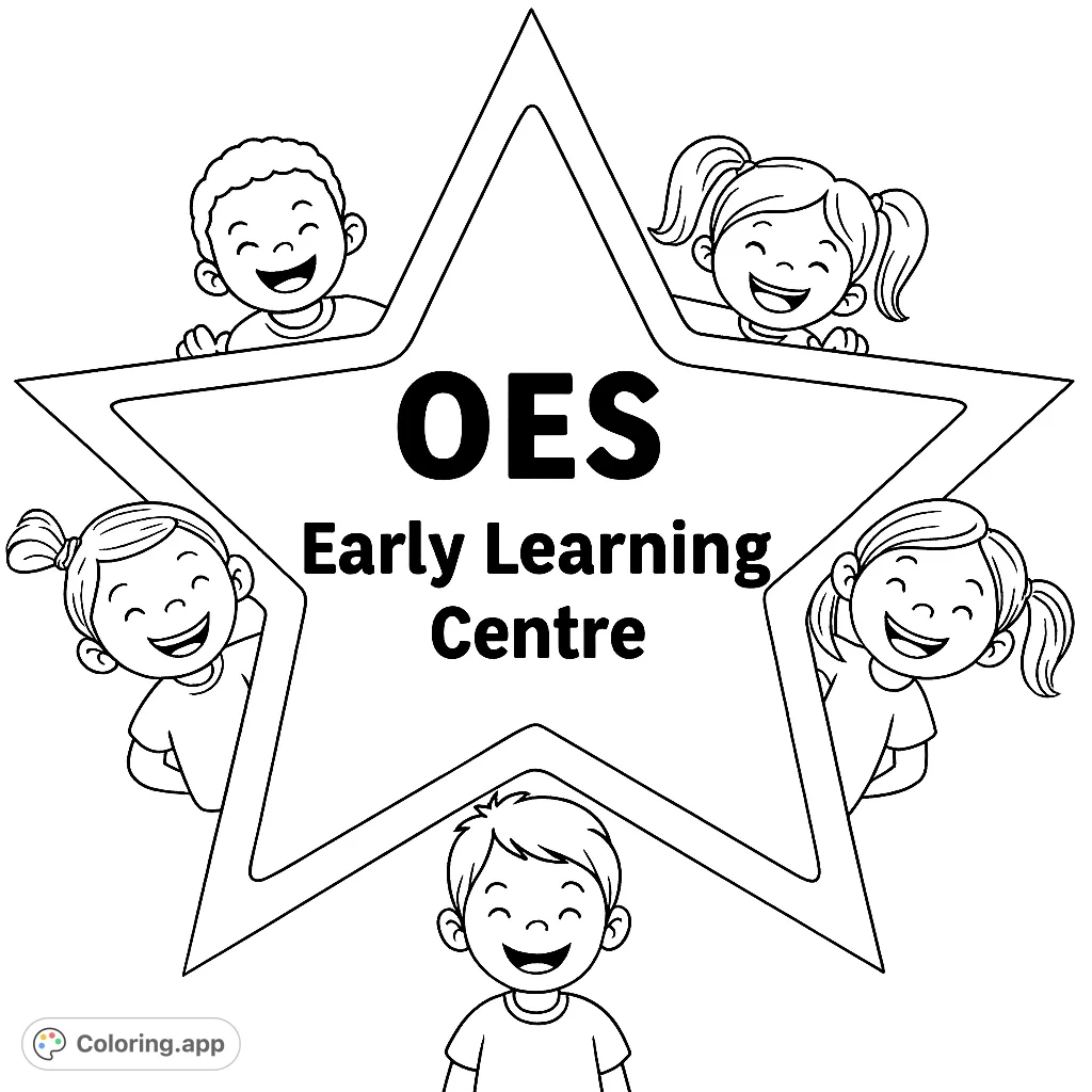 A joyful coloring page featuring five happy children peeking around a large star, perfect for young learners and creative fun.
