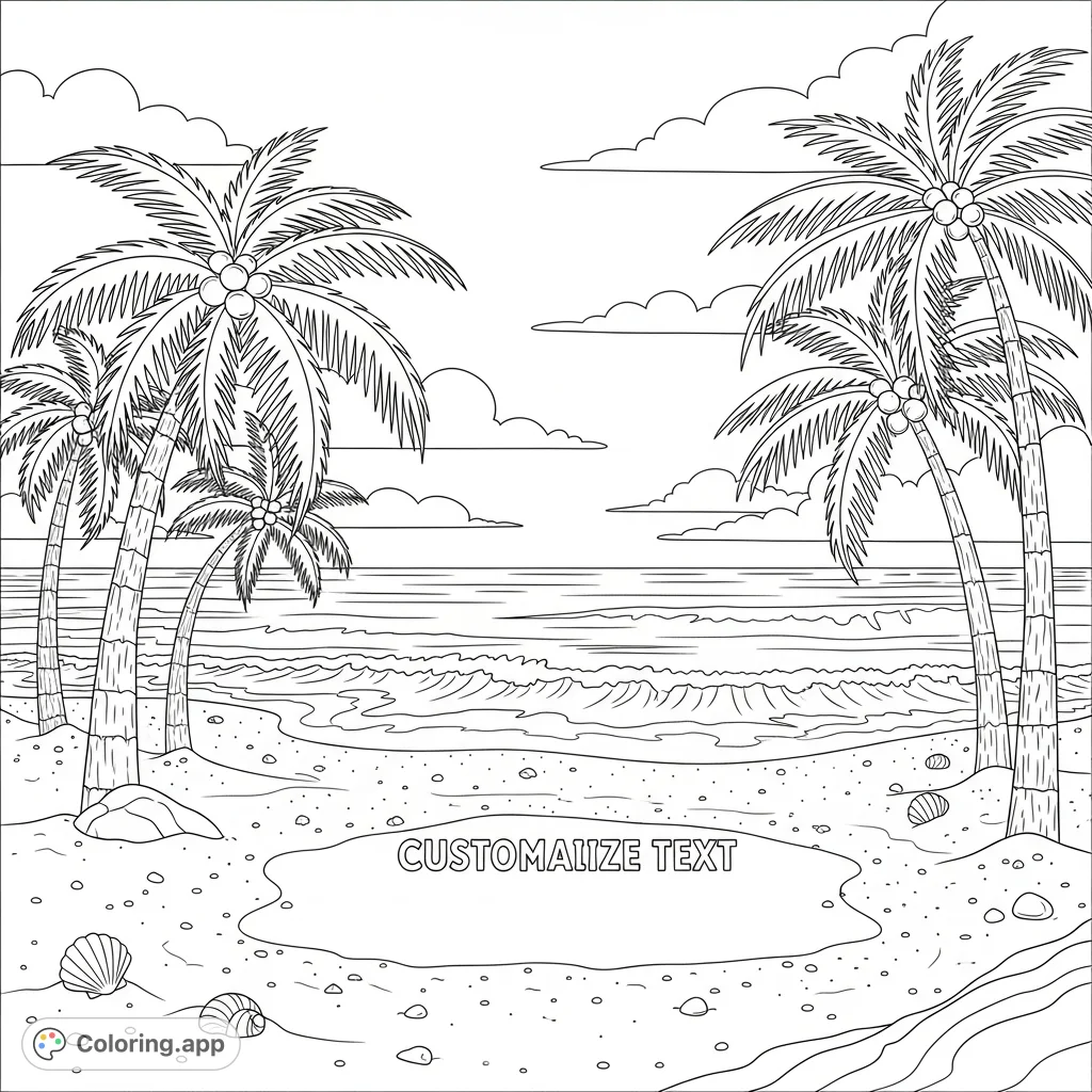 A tranquil beach scene with swaying palm trees, gentle waves, and a customizable message written in the sand. Perfect for a relaxing creative escape.