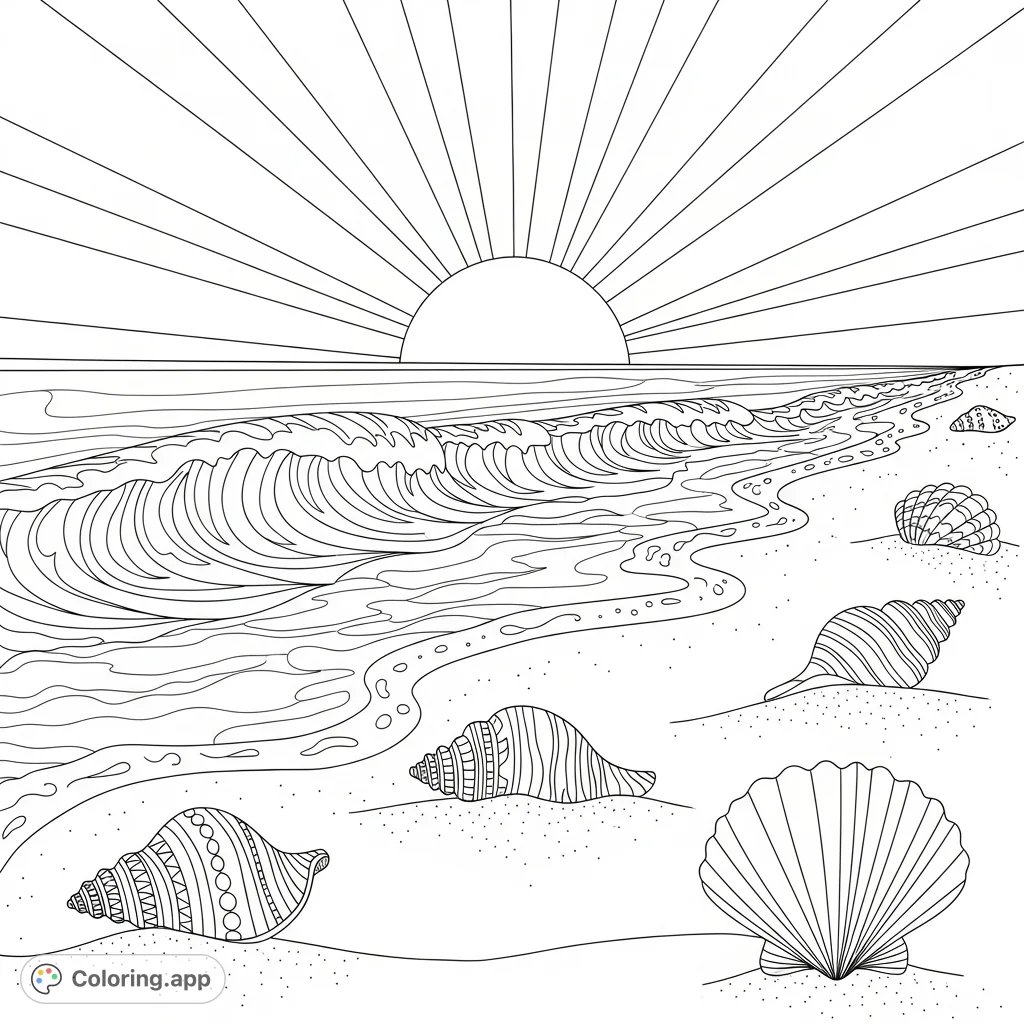 Immerse yourself in a serene beach scene featuring a radiant sun, rolling waves, and intricate seashells. A perfect escape for creative relaxation.
