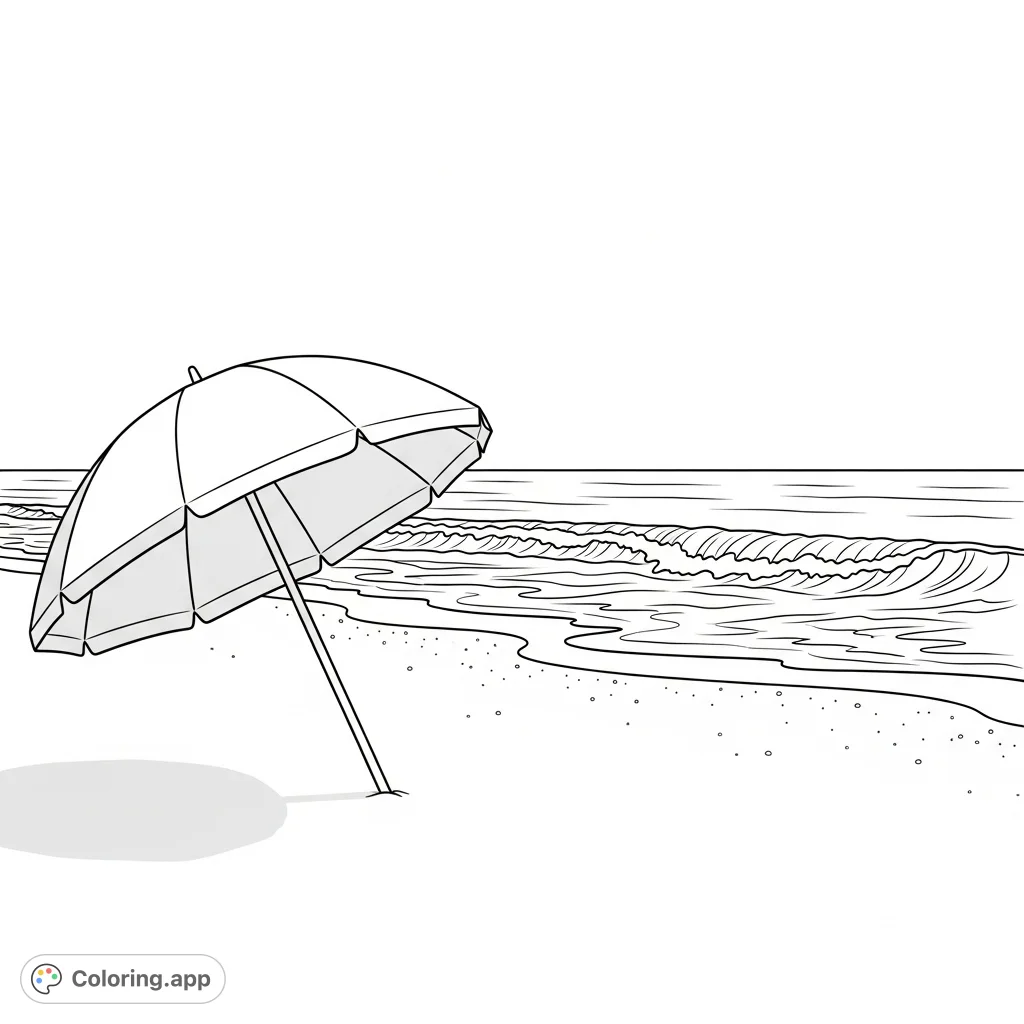 A peaceful beach scene featuring a large open beach umbrella on the sand, with gentle ocean waves rolling onto the shore under a clear, sunny sky.