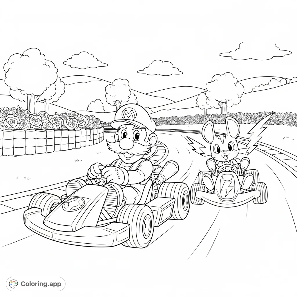 Join Mario and Pikachu in an exciting kart race! This dynamic coloring page features iconic characters speeding around a track, ready for your creative touch.