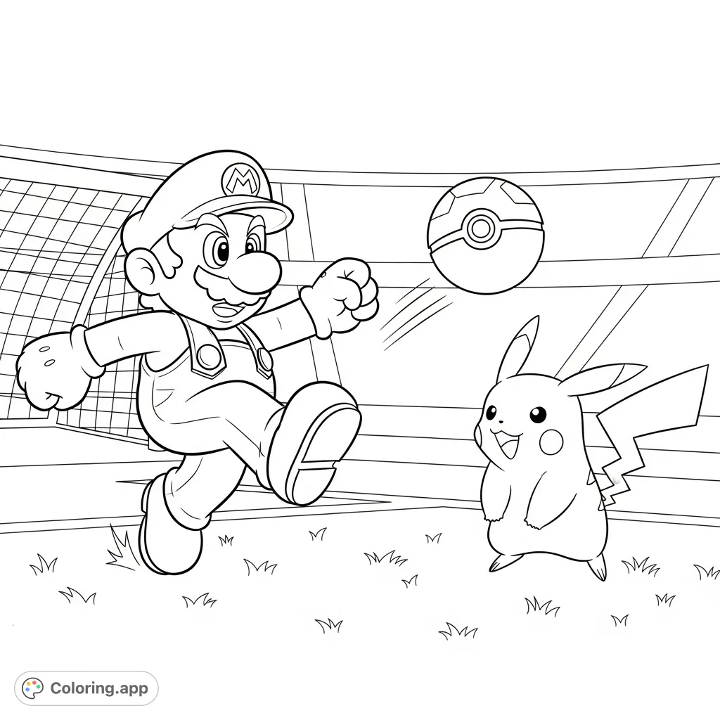 Join Mario and Pikachu for an exciting soccer game! This fun coloring page features the iconic duo in action on the field with a Poké Ball.