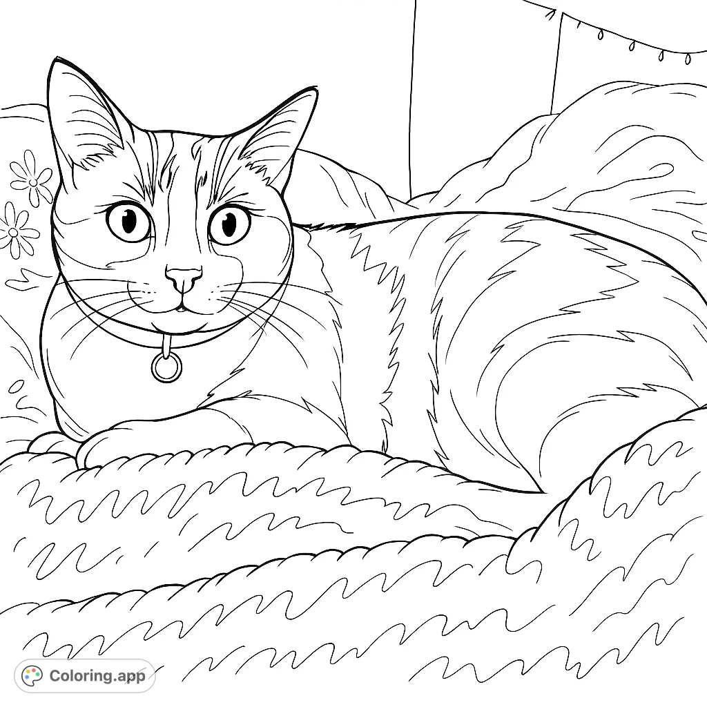 A charming cat rests peacefully on a soft bed, inviting you to add your personal touch. Perfect for cat lovers and a relaxing coloring experience.