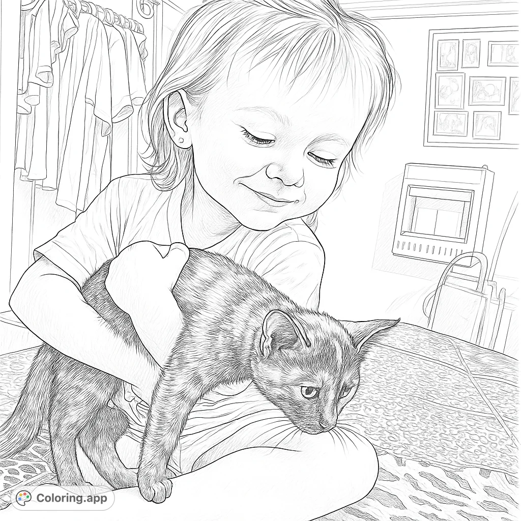 A heartwarming scene of a young child gently holding a small kitten, perfect for a realistic coloring page that captures a tender moment.