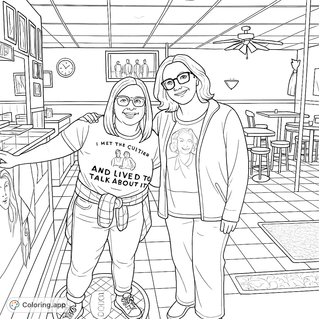 Color a vibrant scene of two friends enjoying a casual moment in a detailed restaurant setting, complete with checkered floors and unique decor.