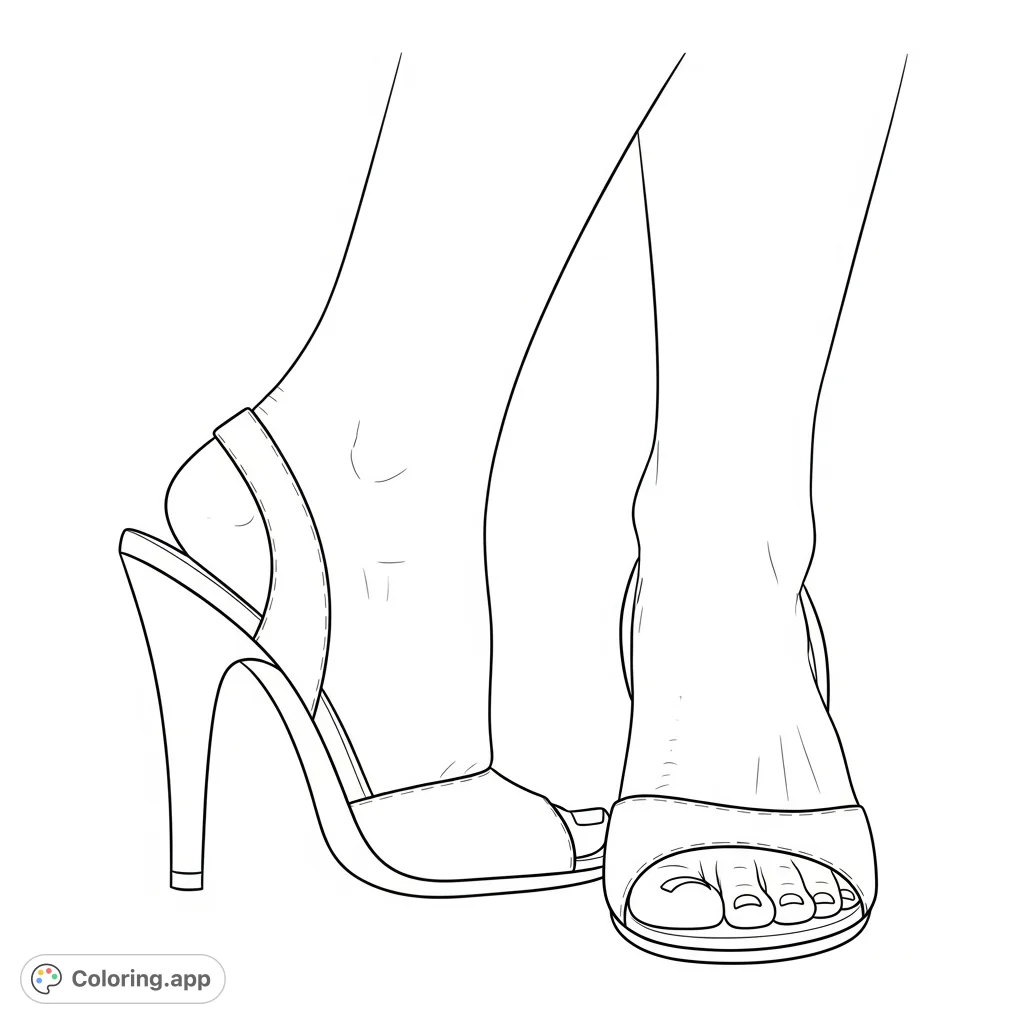 Explore a detailed women's feet coloring page, featuring one foot in side profile showcasing the arch and the other front-facing with toes, both in open-toe heels.
