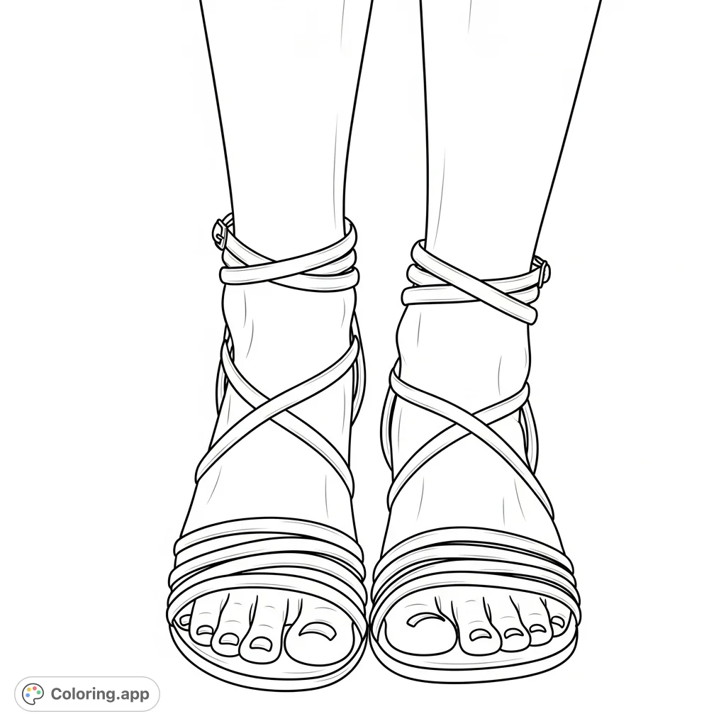 Discover a realistic feet coloring page featuring elegant strappy sandals, perfect for fashion enthusiasts. A detailed free printable coloring page.