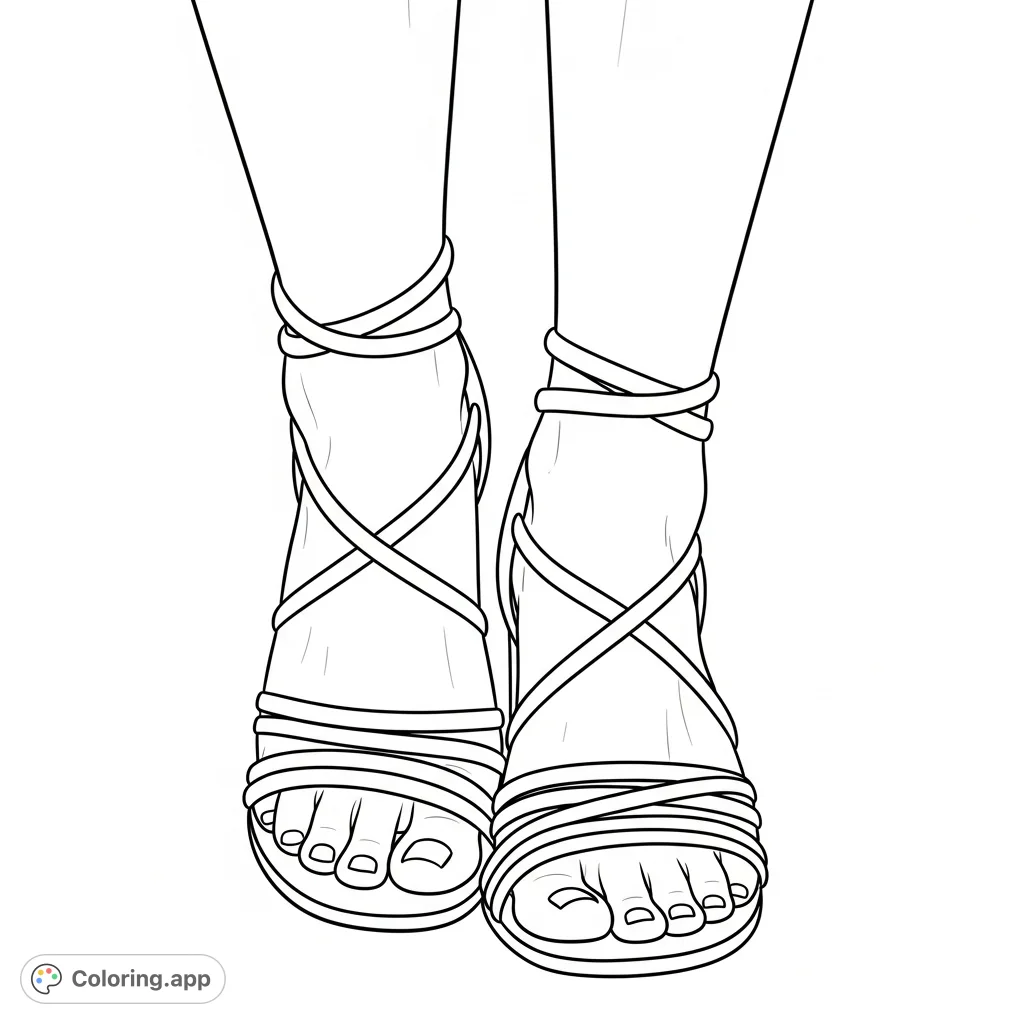 Discover a realistic feet coloring page featuring elegant strappy sandals, perfect for fashion enthusiasts. A detailed free printable coloring page.