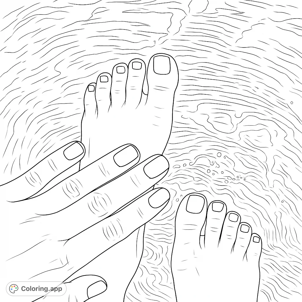 Immerse yourself in tranquility with this realistic feet and hand in water coloring page. Perfect for relaxation, featuring detailed limbs and serene water ripples.