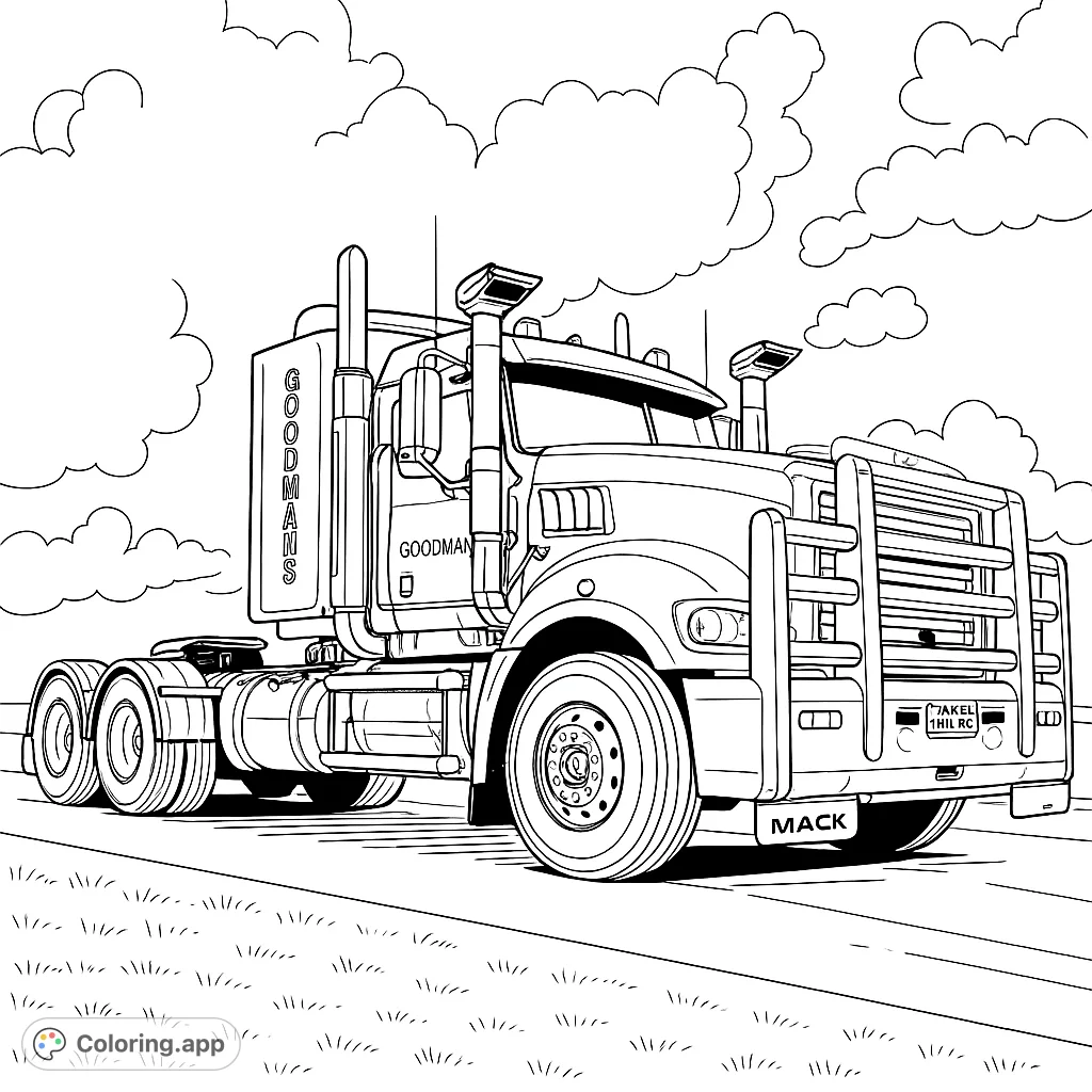 Color a powerful heavy-duty semi-truck with intricate details, a massive grille guard, and towering exhaust stacks, set against a dynamic sky.