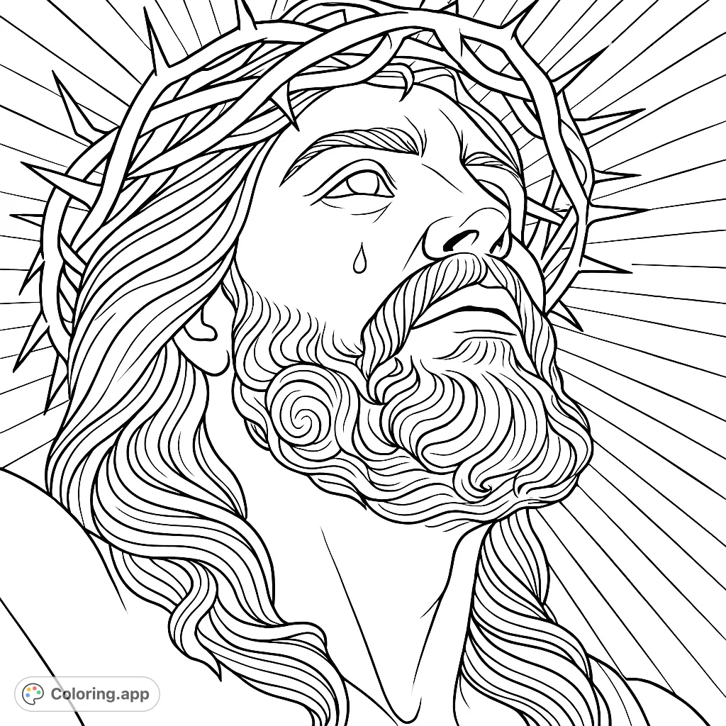 A profound religious coloring page featuring a figure with a crown of thorns, gazing upwards amidst radiating light. Perfect for spiritual reflection.