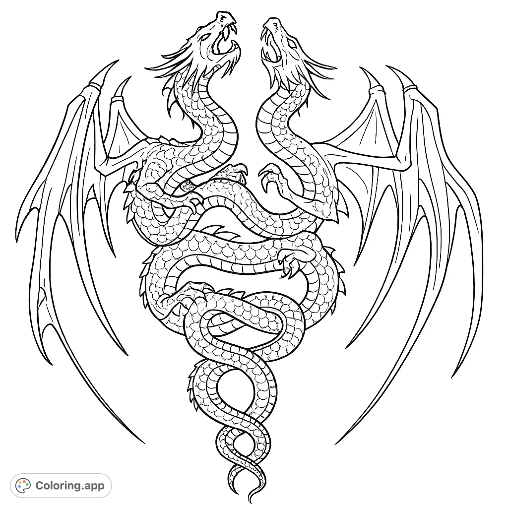 Unleash your creativity with this intricate dragon coloring page, featuring two mythical creatures intertwined in a symmetrical, dynamic design.