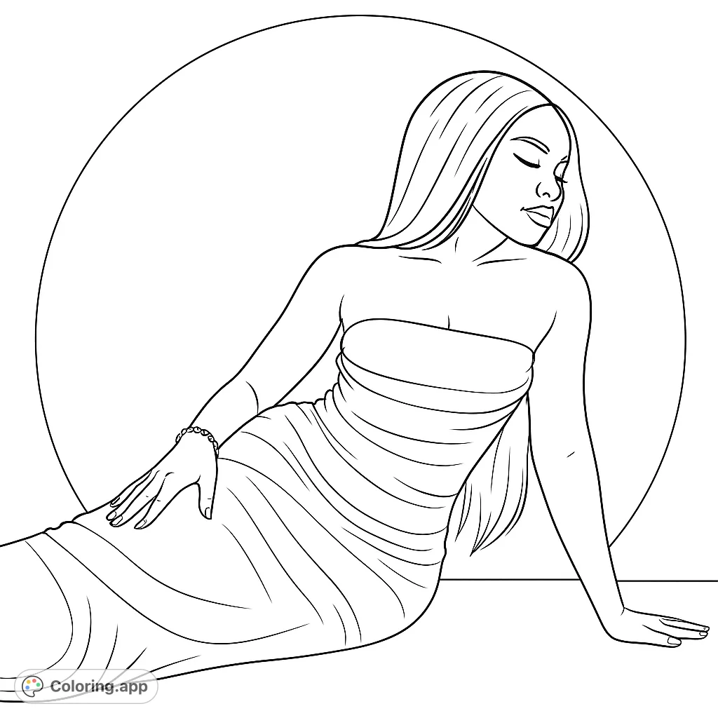 An elegant woman in a textured strapless gown reclines gracefully, perfect for fashion enthusiasts and those seeking a sophisticated coloring experience. Free printable fashion coloring page.