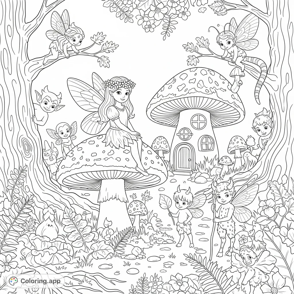 Discover a charming fairy girl on a toadstool, surrounded by a whimsical mushroom house and a host of magical forest creatures in this detailed vintage scene.