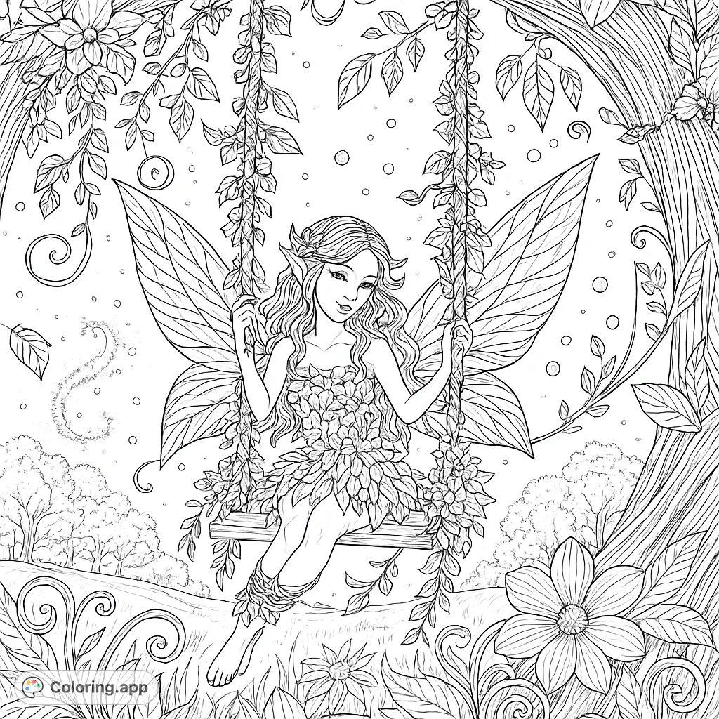 Discover a magical fairy on a flower-adorned swing in a lush, detailed garden. This enchanting fairy coloring page offers intricate details for a delightful escape.